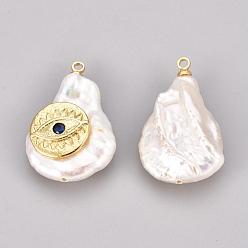 Golden Natural Cultured Freshwater Pearl Pendants, with Brass Micro Pave Cubic Zirconia Findings, Flat Round with Evil Eye, Golden, 20~28x16~20x6~7mm, Hole: 1.4~1.5mm