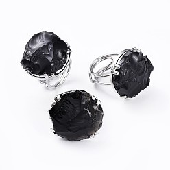 Obsidian Adjustable Natural Rough Raw Obsidian Finger Rings, with Brass Findings, Nuggets, Platinum, Size 8~9, 18~19.5mm