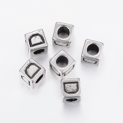 Antique Silver 304 Stainless Steel Large Hole Letter European Beads, Cube with Letter.D, Antique Silver, 8x8x8mm, Hole: 5mm