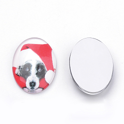 Mixed Color Christmas Theme Puppy Photo Flatback Glass Cabochons, for DIY Projects, Dog with Christmas Hat Pattern, Oval, Mixed Color, 25x18x5.5mm