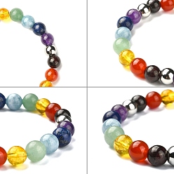 Mixed Stone Chakra Gemstone Beaded Stretch Bracelets, with Rondelle 304 Stainless Steel Spacer Beads, Stainless Steel Color, 53mm
