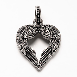 Crystal Antique Silver Plated 304 Stainless Steel Rhinestone Pendants, Heart with WingCrystal, 39.5x31x7mm, Hole: 6.5x10mm