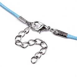Небесно-голубой Воском хлопка ожерелье шнура решений, с сплава Lobster Claw застежками и конечных железными цепями, платина, голубой, 17.12 дюйм (43.5 см), 1.5 мм
