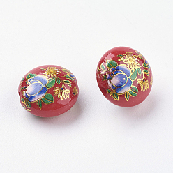 Red Flower Printed Resin Beads, Flat Round, Red, 16.5x9mm, Hole: 2mm