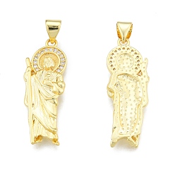 Real 18K Gold Plated Brass Micro Pave Clear Cubic Zirconia Pendants, Saint, Real 18K Gold Plated, 29.5x11x2.5mm, Hole: 3.5x4mm
