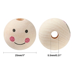 PapayaWhip Natural Wood Beads, Large Hole Beads, Round with Smile Face, PapayaWhip, 24~25x23.5mm, Hole: 5.5mm, about 100pcs/500g