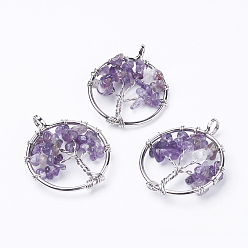 Amethyst Natural Amethyst Pendants, with Brass Findings, Flat Round with Tree of Life, Platinum, 29x5~7mm, Hole: 4.5mm