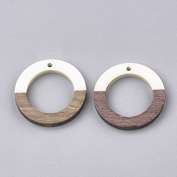 White Resin & Walnut Wood Pendants, Ring, White, 28x3mm, Hole: 1.5mm