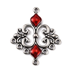 Red Alloy Enamel Chandelier Component Links, Cadmium Free & Lead Free, Rhombus, Antique Silver Metal Color, Red, 35x29x3mm, Hole: 1.5mm