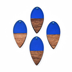 Blue Transparent Resin & Walnut Wood Pendants, Teardrop Shape Charm, Blue, 38x18x3mm, Hole: 2mm