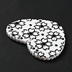 Noir Pendentifs acryliques imprimés, coeur avec motif sakura, noir, 26x31.5x2mm, Trou: 1.5mm