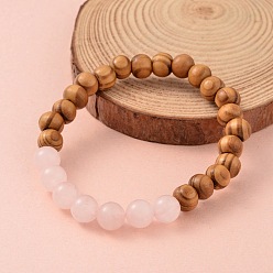 Rose Quartz Round Wood Beaded Stretch Bracelets, with Natural Rose Quartz Beads, 61mm
