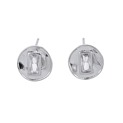 Platinum Brass Clear Cubic Zirconia Stud Earring Findings, with Vertical Loops, Flat Round with Rectangle, Platinum, 11.2x10.8mm, Hole: 1.4mm, Pin: 0.8mm