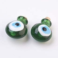 Green Handmade Lampwork Perfume Bottle Pendants, Essential Oil Bottle, Evil Eye, Green, 29.5~30mm, Hole: 5~5.5mm, Bottle Capacity: 0.5~1ml(0.017~0.03 fl. oz)