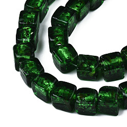Green Handmade Silver Foil Lampwork Beads, Cube, Green, 10~12x10~12x10~12mm, Hole: 1.5mm, about 40pcs/strand, 16.54''(42cm)