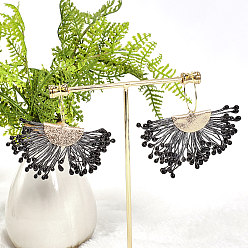 Black Polycotton(Polyester Cotton) Tassel Pendant Decorations, with Foam and Brass Findings, Fan, Golden, Black, 40~45x64~68x3mm, Hole: 1.2x2mm