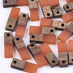 Coral Resin & Walnut Wood Pendants, Rectangle, Coral, 17x5.5x3~3.5mm, Hole: 1.5mm