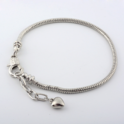 Platinum Brass European Style Bracelets For Jewelry Making, with Lobster Claw Clasp and Heart Charms, Platinum, 200x3mm