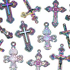 Rainbow Color 12Pcs 6 Style Rainbow Color Alloy Pendants, Cadmium Free & Nickel Free & Lead Free, Cross with Jesus, Cross with Bird, Cross, 44~58.5x23~36x1.5~6mm, Hole: 2~5mm, 2pcs/style