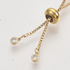 Real 18K Gold Plated Adjustable Brass Box Chain Slider Bracelet/Bolo Bracelets Making, with Cubic Zirconia, Nickel Free, Real 18K Gold Plated, Single chain Length: 120mm, Hole: 1.5mm