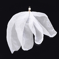 Blanc Gros pendentifs en organza, avec des résultats de fer et de perles d'imitation en plastique ABS, fleur, or et de lumière, blanc, 140~180mm, Trou: 2.5x4mm