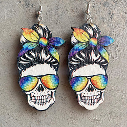 Colorful Natural Wood Dangle Earrings, with Iron Earring Hooks, Skull with Spectacles, Platinum, Colorful, 80mm