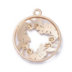 Light Gold Zinc Alloy Open Back Bezel Pendants, For DIY UV Resin, Epoxy Resin, Pressed Flower Jewelry, Flat Round with Butterfly, Light Gold, 34x30x4mm, Hole: 3mm