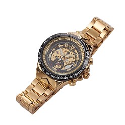 Golden Alloy Watch Head Mechanical Watches, with Stainless Steel Watch Band, Golden, 220x18mm, Watch Head: 57x47.5x17mm, Watch Face: 35mm