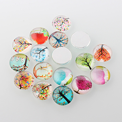 Mixed Color Tree of Life Printed Half Round/Dome Glass Cabochons, Mixed Color, 30x7mm