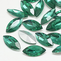 Med.Emerald Pointed Back Glass Rhinestone Cabochons, Back Plated, Faceted, Horse Eye, Med.Emerald, 18x9x5mm