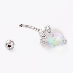 Stainless Steel Color Piercing Jewelry, Brass Micro Pave Cubic Zirconia Navel Rings, Belly Rings, with 304 Stainless Steel Bar, Round, Clear AB, Stainless Steel Color, 27.5mm, Bar: 14 Gauge(1.6mm), Bar Length: 3/8"(10mm)