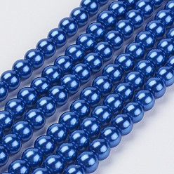 Bleu Moyen  Brins de perles de verre teints écologiques, Grade a, ronde, cordon en coton fileté, bleu moyen, 6mm, Trou: 1.2~1.5mm, Environ 70 pcs/chapelet, 15.7 pouce