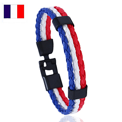 Blue Flag Color Imitation Leather Triple Line Cord Bracelet with Alloy Clasp, France Theme Jewelry for Men Women, Blue, 8-1/4 inch(21cm)