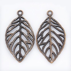 Red Copper Alloy Pendants, Cadmium Free & Nickel Free & Lead Free, Leaf, Red Copper, 49.5x27.5x2mm, Hole: 3.5mm