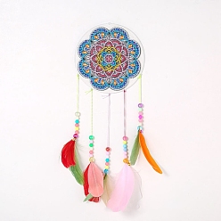 Flower DIY Diamond Painting Hanging Woven Net/Web with Feather Pendant Kits, Including Acrylic Plate, Pen, Tray, Bells and Random Color Feather, Wind Chime Crafts for Home Decor, Mandala Flower Pattern, 400x146mm