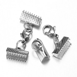 Stainless Steel Color 304 Stainless Steel Lobster Claw Clasps, with Ribbon Ends, Stainless Steel Color, 35mm