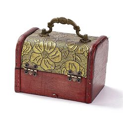 Kaki Clair Boite a bijoux vintage en bois, coffres au trésor décoratifs en cuir pu, avec poignée de transport et loquet, rectangle avec motif lotus, kaki clair, 11.9x9.05x9 cm