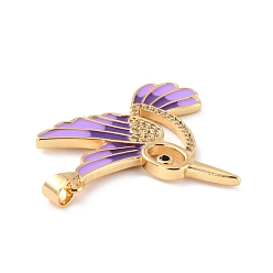 Lilac Brass Micro Pave Clear Cubic Zirconia Pendants, with Enamel, Long-Lasting Plated, Real 18K Gold Plated, Bird, Lilac, 33.5x31x2mm, Hole: 3x4mm