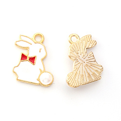 Red Light Gold Plated Alloy Enamel Pendants, Rabbit with Pearl, Red, 17x13x1.5mm, Hole: 1.8mm