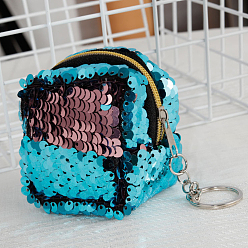 Cyan Sequin Wallets, with Iron Keychain Clasps, Cyan, 5x6x6cm