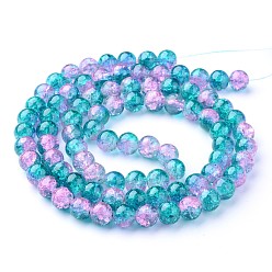 Dark Cyan Spray Painted Crackle Glass Beads Strands, Round, Two Tone, Dark Cyan, 10mm, Hole: 1.3~1.6mm, about 80pcs/strand, 31.4 inch