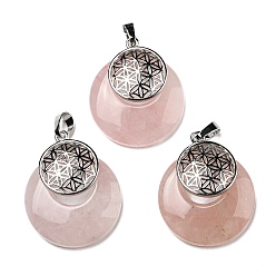 Rose Quartz Natural Rose Quartz Pendants, Spiritual Charms, with Platinum Tone Brass Findings, Flat Round with Flower of Life/Sacred Geometry, 32~32.5x28~30x7~7.5mm, Hole: 5x8mm