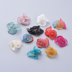 Mixed Color Handmade Woven Costume Accessories, with Brass Eye Pin, Chiffon Cloth Flower, Mixed Color, 25~31x4.5mm