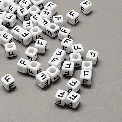 Letter F Large Hole Acrylic Letter European Beads, Horizontal Hole, White & Black, Cube with Letter.F, 6x6x6mm, Hole: 4mm, about 2950pcs/500g