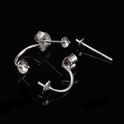 Platinum Rhodium Plated 925 Sterling Silver Stud Earring Findings, with Cup Pearl Bail Pin, for Half-drill Beads, Platinum, 15x6x9mm, Pin: 0.6mm