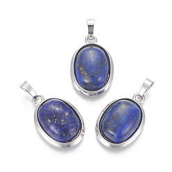 Lapis Lazuli Natural Lapis Lazuli Pendants, with Brass Findings, Oval, Platinum, 25~26x17~17.5x8~9mm, Hole: 8x5mm