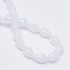 Blanc Brins de perles de verre de jade imitation facettes en forme de larme, blanc, 11~12x8mm, Trou: 1.5mm, Environ 60 pcs/chapelet, 27 pouce