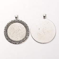 Antique Silver Tibetan Style Alloy Flat Round Pendant Cabochon Settings, Cadmium Free & Lead Free, Antique Silver, 55x46x2mm, Hole: 5x7mm, Tray: 35mm, about 72pcs/kg