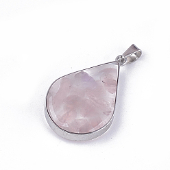 Rose Quartz Natural Rose Quartz Pendants, with Glass and 304 Stainless Steel Findings, teardrop, Stainless Steel Color, 26.5~27x17~17.5x6.5~7mm, Hole: 3x5.5mm