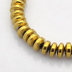 Golden Plated Electroplate Non-magnetic Synthetic Hematite Rondelle Beads Strands, Golden Plated, 6x3mm, Hole: 1mm, about 140pcs/strand, 15.7 inch
